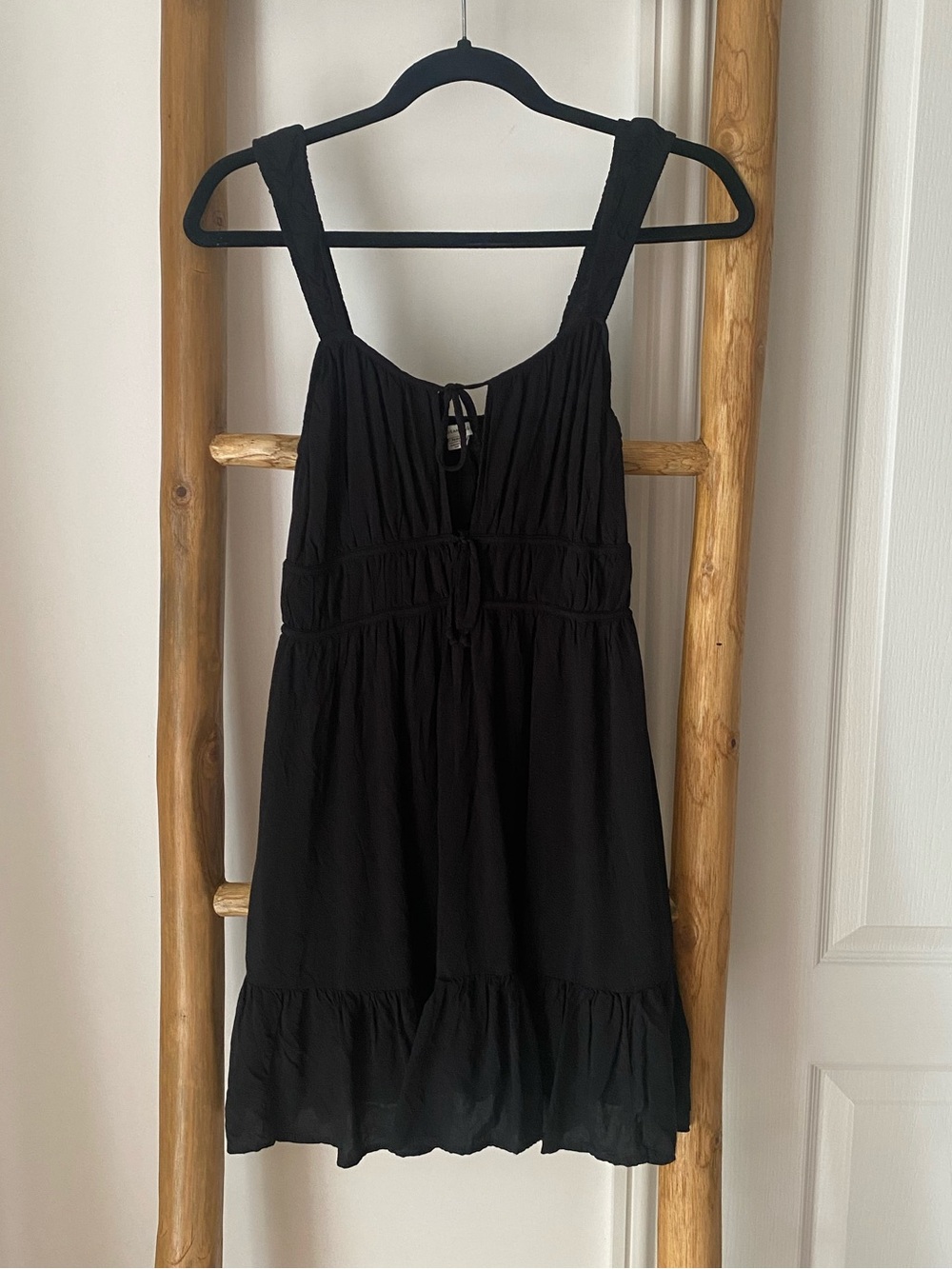 American Eagle Silky Tie-Front Babydoll Mini Black Dress Sz Medium